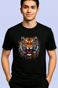 Tricou Tigru realist cu vopsea si stropi fundal alb Copii | Dama | Barbat, culoare negru - Img 2