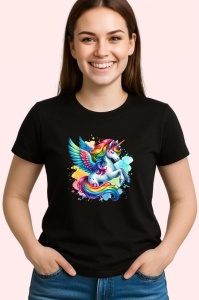 Tricou Unicorn with wings flying smile, unicorn cu aripi zambitor si colorat, Copii | Dama | Barbat , tricou negru