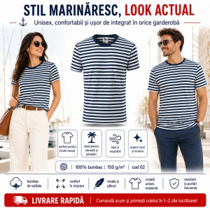 Tricou Unisex Damă și Bărbat Malfini 803 Sailor, Tip Marinăresc cu Dungi Alb–Albastru Marin, 100% Bumbac, 150 g/m², XS–3XL - Img 3