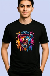 Tricou Urs cu sapca si lant stil hip hop fundal alb Copii | Dama | Barbat, culoare negru - Img 2