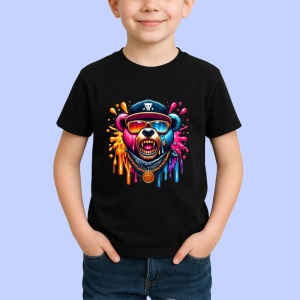 Tricou Urs cu sapca si lant stil hip hop fundal alb Copii | Dama | Barbat, culoare negru - Img 4