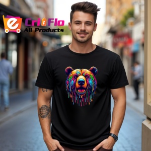 Tricou Urs salbatic curcubeu in fundal alb Copii | Dama | Barbat, culoare negru - Img 5