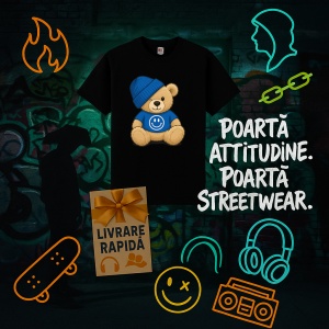 Tricou Ursulet Albastru cu emoji happy Negru, Copii | Dama | Barbat - Img 5