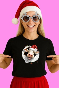 Tricou Vaca Cu Fundal Alb Si Crengute Craciun, din bumbac 100% Copii | Dama | Barbat - Img 3