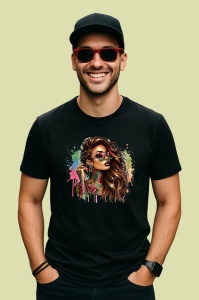 Tricou Windswept long hair sunglasses tattooed, par in vant si ochelari fata tatuata, Copii | Dama | Barbat , tricou negru - Img 4