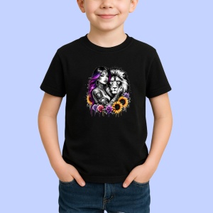 Tricou Woman and lion wild love, femeie si leu dragoste salbatica, Copii | Dama | Barbat , tricou negru - Img 2