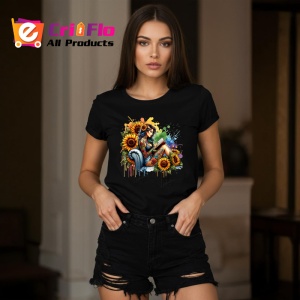 Tricou Woman sitting with sunflowers, femeie asezata cu floarea soarelui, Copii | Dama | Barbat , tricou negru - Img 8