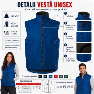 Vestă Unisex Bărbat Damă tip Jachetă fără Mâneci, Călduroasă cu Fleece și Fermoar – Body Warmer 509 - Img 2