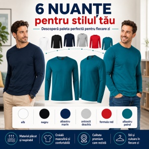 Bluză Bărbătească Brave 155 cu Mânecă Lungă, 95% Bumbac, 5% Elastan, Guler Rotund, S–3XL, 6 Culori - Img 7