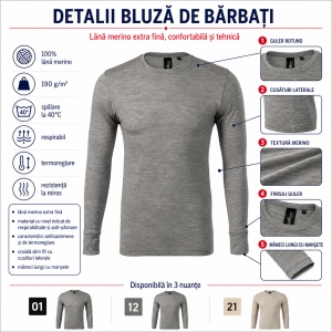Bluză Bărbați Malfini Merino Rise LS 159, 100% Lână Merino, 190 g/m², Mânecă Lungă, Slim Fit, Termoreglare, Anti Miros, Mărimi S–3XL - Img 3