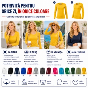 Bluză Damă decoltată din bumbac 100, slim fit cu mânecă lungă - 14 nuanțe - Img 4