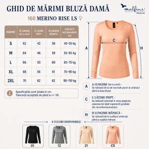 Bluză Damă Malfini Premium Merino Rise LS 160 – 100% Lână Merino, Mânecă Lungă, Slim Fit - Img 3