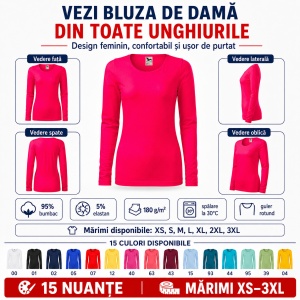 Bluză Damă Slim cu Mânecă Lungă, Bumbac 95% – 15 Nuanțe, XS–3XL - Img 6