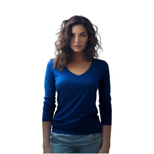 Femeie imbracata in bluza pentru femei maneca lunga guler in V de culoare albastru regal