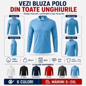 Bluză polo bărbați Malfini Single J. LS 211, mânecă lungă, 100% bumbac - Img 9