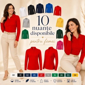 Bluză Polo Damă cu Mânecă Lungă Malfini, Croială Cambrată, Guler Polo Raiat, 4 Nasturi, 10 Culori, Mărimi XS–2XL - Img 8