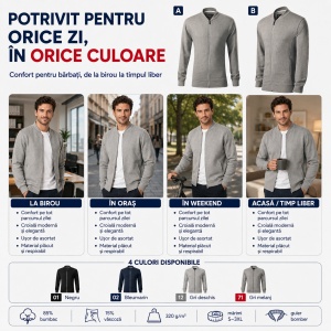 Bluză tip hanorac cu fermoar pentru bărbați, guler bomber, buzunare cu fermoar, 4 culori disponibile - Img 6