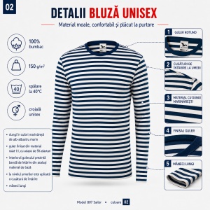 Bluză unisex damă și bărbat Malfini 807 Sailor, tip marinăresc, mânecă lungă, 100% bumbac, 150 g/m² - Img 8