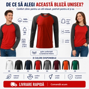 Bluză Unisex Damă și Bărbat Rimeck 130 Street LS, Bicoloră, Mâneci Lungi Raglan, 100% Bumbac, 180 g/m², S–4XL - Img 2