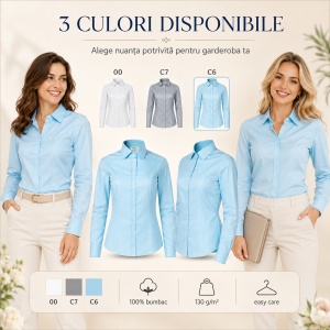 Cămașă Damă Elegantă din 100% Bumbac, Premium – Office & Business, Mânecă Lungă, Croială Cambrată