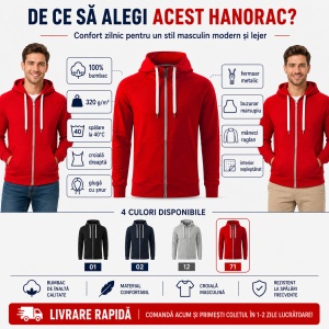 Hanorac bărbătesc cu fermoar 452 Voyage, 100% bumbac, 320 g/m², glugă cu șnur, buzunar marsupiu, 4 culori, mărimi S–3XL - Img 2