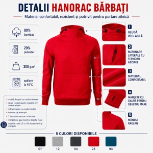 Hanorac Bărbați Vertex Hoodie W43, Glugă Reglabilă, 300 g/m², 5 Culori, S–4XL - Img 3