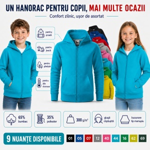 Hanorac Copii Băiat sau Fată cu Fermoar și Glugă – 65% Bumbac, Interior Pieptănat, 300 g/m² | 6–12 Ani - Img 8