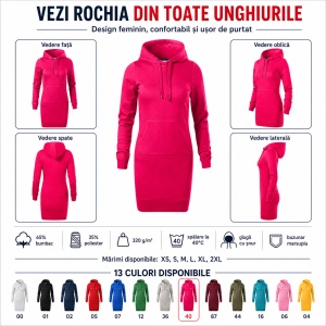 Hanorac Lung Tip Rochie Damă cu Glugă și Buzunar Marsupiu Malfini 419 Snap – 320 g/m² - Img 7