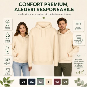 Hanorac unisex cu glugă pentru damă și bărbat, bumbac organic, 280 g/m² - Img 5