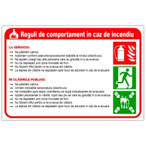 Indicator Semn cu reguli de comportare in caz de incendiu, Sticker autocolant