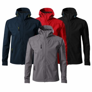 Imagine de prezentare jacheta softshell pentru barbati si culorile disponibile negru, gri, albastru si rosu