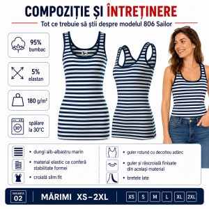 Maieu Top Damă Marinăresc cu Dungi Alb, tricou fără mâneci -Albastru Marin – Malfini 806 Sailor, 95% Bumbac, Slim Fit - Img 3