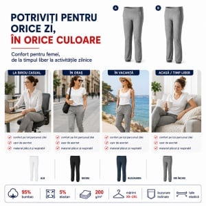 Pantaloni Damă Malfini Leisure 603, 95% Bumbac, 5% Elastan, Talie Elastică, Buzunare Înclinate, Croială Dreaptă, XS–2XL, 4 Culori - Img 7