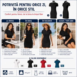 Rochie Polo Damă tip tricou, Malfini Premium 271 Dress Up, 100% Bumbac, Croială Cambrată, 215 g/m², Mărimi XS 2XL, 4 Culori - Img 4