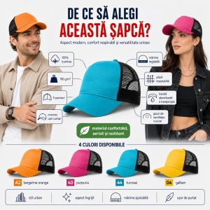 Șapcă Trucker pentru Bărbați, Reglabilă, cu Plasă – 100% Bumbac, unisex, 5 Panouri, Cozoroc Curbat - Img 4