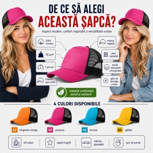 Șapcă Trucker Unisex, Damă, Reglabilă, cu Plasă – 100% Bumbac, 5 Panouri, Cozoroc Curbat - Img 4