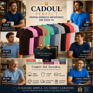 Set 10 Tricouri Bărbați 100% Bumbac – Multicolor, Coral, Alb, Negru, Gri Ice, Denim, Verde Mentă, Nisip, Rododendron, Roz și Cafea | S-3XL - Img 9