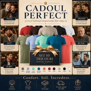 Set 10 Tricouri Bărbați 100% Bumbac Extra Calitate – Khaki, Albastru Deschis, Verde Mentă, Albastru Petrol, Coral, Roșu, Negru, Gri Ardezie, Gri Ice și Alb - Img 9