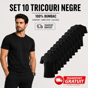 Set 10 tricouri negre simple bumbac 100%, clasic barbati, lejer la purtare Negru XS-5XL