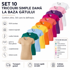 Set 10 tricouri simple dama din bumbac 100%, basic casual cu maneca scurta pentru femei 134 - Img 2