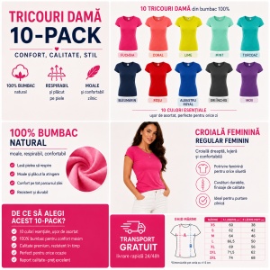 Set 10 tricouri simple dama din bumbac 100%, Elegant casual cu decolteu femei, culori diferite 122 - Img 2