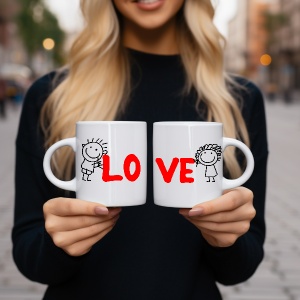 Set 2 cani albe personalizate pentru indragostiti LO VE