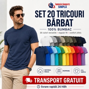 Set 20 de tricouri clasice simple, diferite culori, bumbac 100% pentru barbati, 132