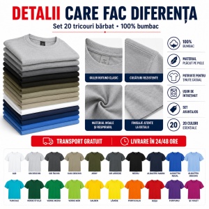 Set 20 Tricouri Bărbați 100% Bumbac, Multicolor, Croială Regular Fit, Mărimi S - 3XL, Transport Gratuit - Img 8