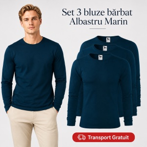 Set 3 Bluze Bărbați 100% Bumbac, Mâneci Lungi, Slim Fit, 160 g/m², Aceeași Culoare, 14 Culori Disponibile, Mărimi S–3XL - Img 13