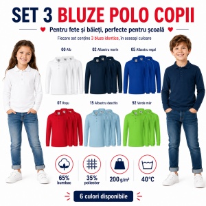 Set 3 Bluze Polo Copii Malfini cu Mânecă Lungă, 65% Bumbac, Unisex Fete și Băieți, 6–12 Ani, 6 Culori - Img 6