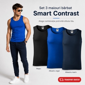 Set 3 Maiouri Bărbat Smart Contrast, Negru, Albastru Regal și Albastru Marin, 100% Bumbac, Maieu Sport și Casual, Tricou Fără Mâneci, Mărimi S–2XL