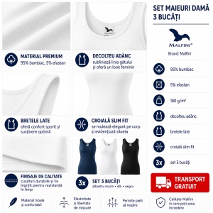 Set 3 Maiouri Damă Tip Top din Bumbac cu Elastan – Negru, Alb, Albastru marin | Tricouri Fără Mâneci XS-2XL - Img 5