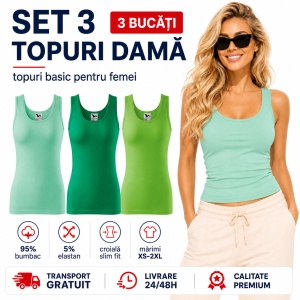 Set 3 Maiouri Damă Tip Top din Bumbac cu Elastan – Verde Mentă, Verde Mediu și Verde Măr | Tricouri Fără Mâneci XS-2XL - Img 6