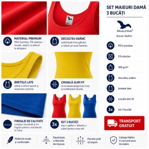 Set 3 Topuri Damă Malfini Triumph 136 Roșu Galben Albastru 95% Bumbac Slim Fit XS–2XL, tricou fara maneci tip maiou - Img 8